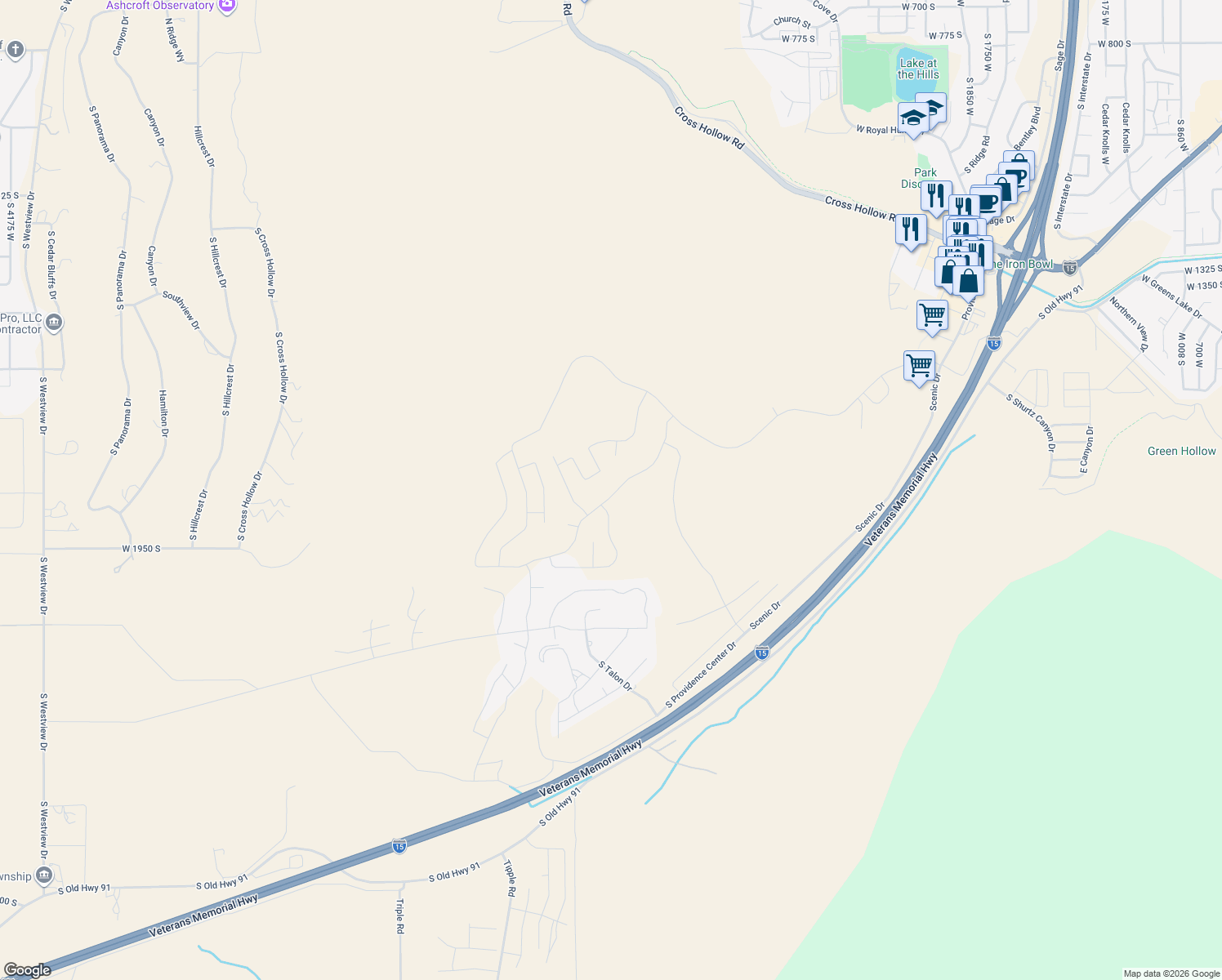map of restaurants, bars, coffee shops, grocery stores, and more near 2812 West Eagle Ridge Loop in Cedar City