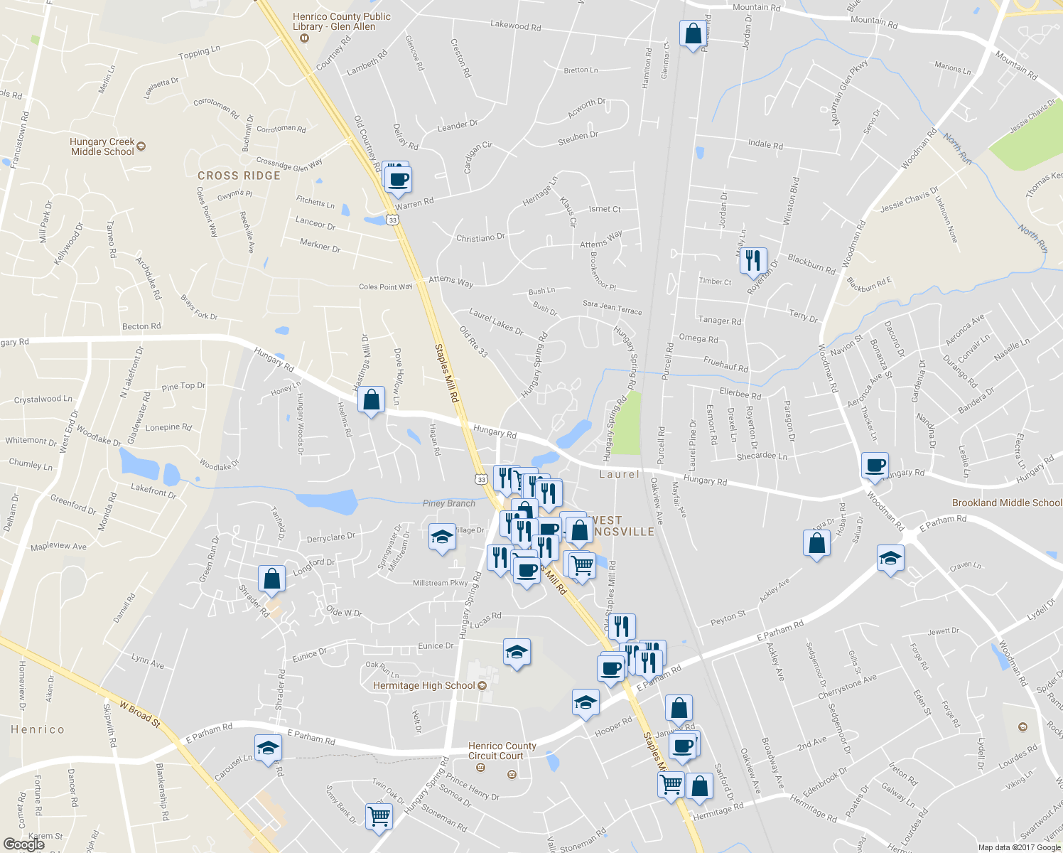 map of restaurants, bars, coffee shops, grocery stores, and more near 9620 Old Route 33 in Glen Allen