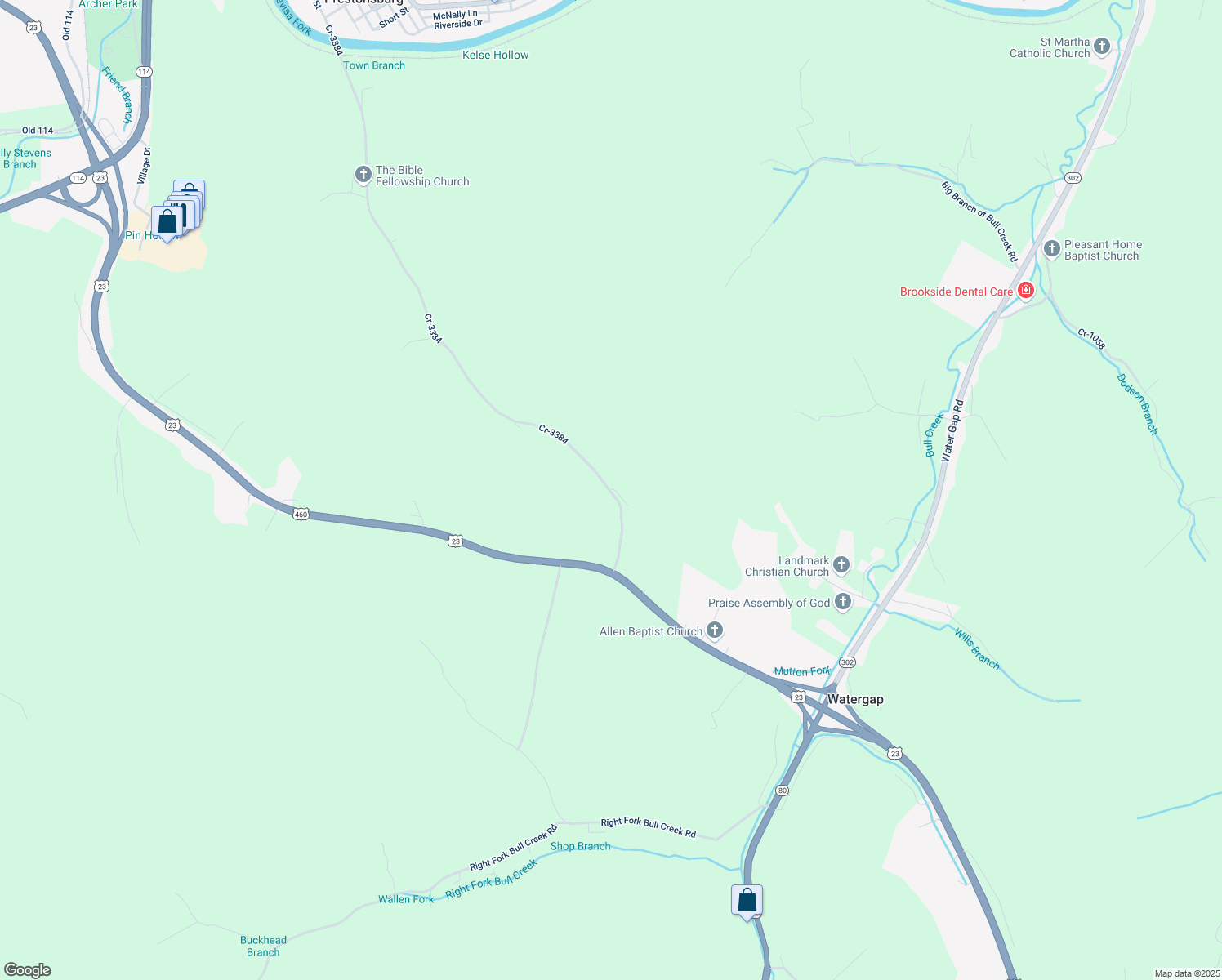 map of restaurants, bars, coffee shops, grocery stores, and more near 250 Cr-3384 in Prestonsburg