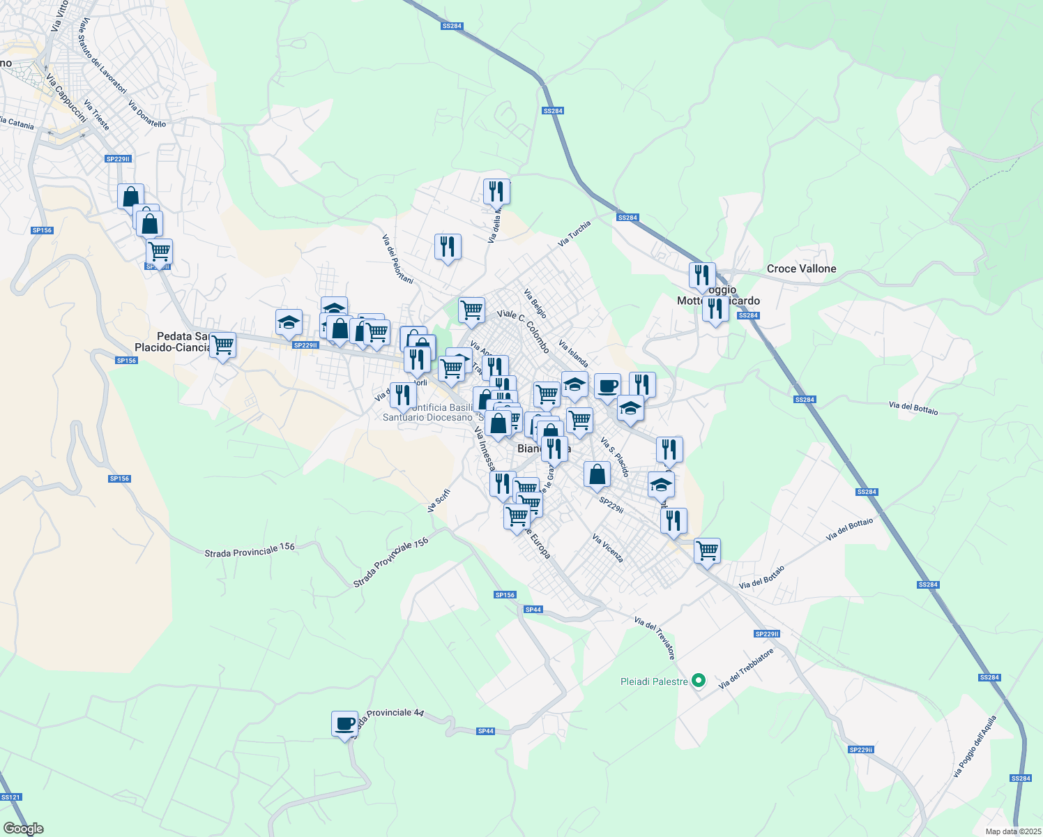 map of restaurants, bars, coffee shops, grocery stores, and more near 26 Via Etnea in Biancavilla