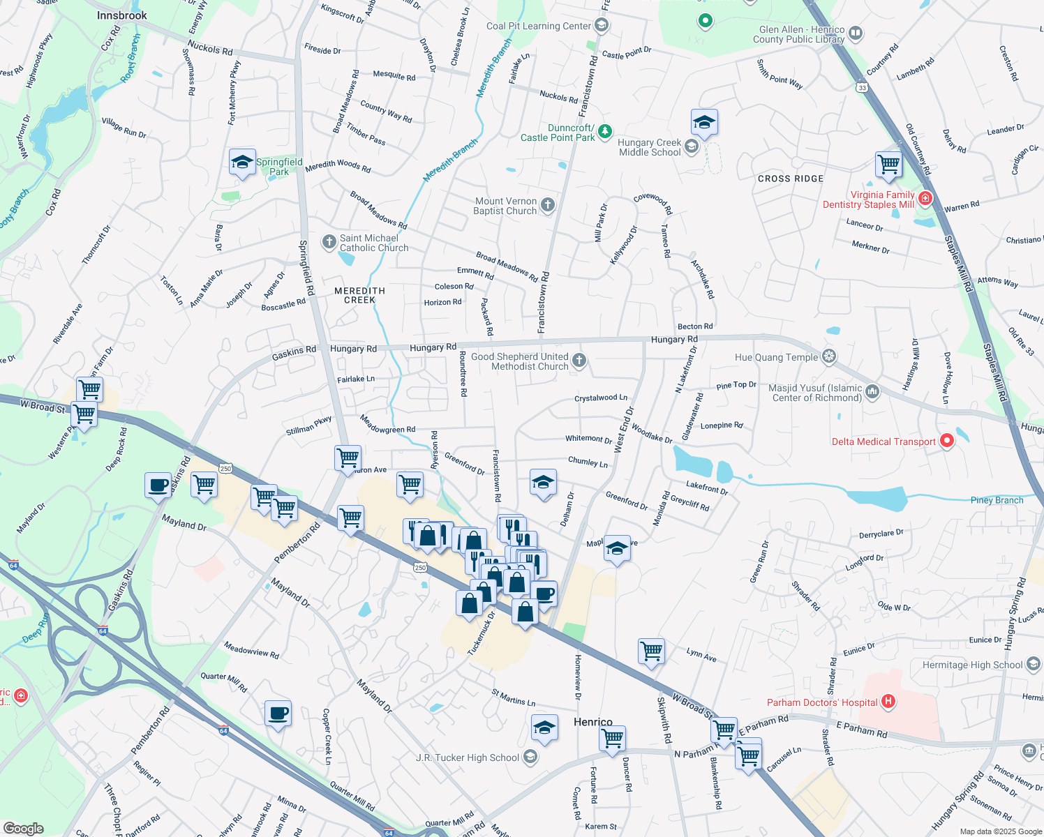 map of restaurants, bars, coffee shops, grocery stores, and more near 9310 Crystalwood Ln in Richmond