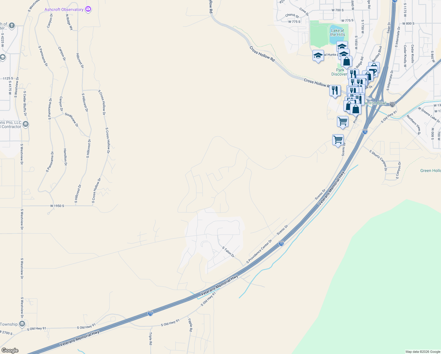 map of restaurants, bars, coffee shops, grocery stores, and more near 2812 West Eagle Ridge Loop in Cedar City