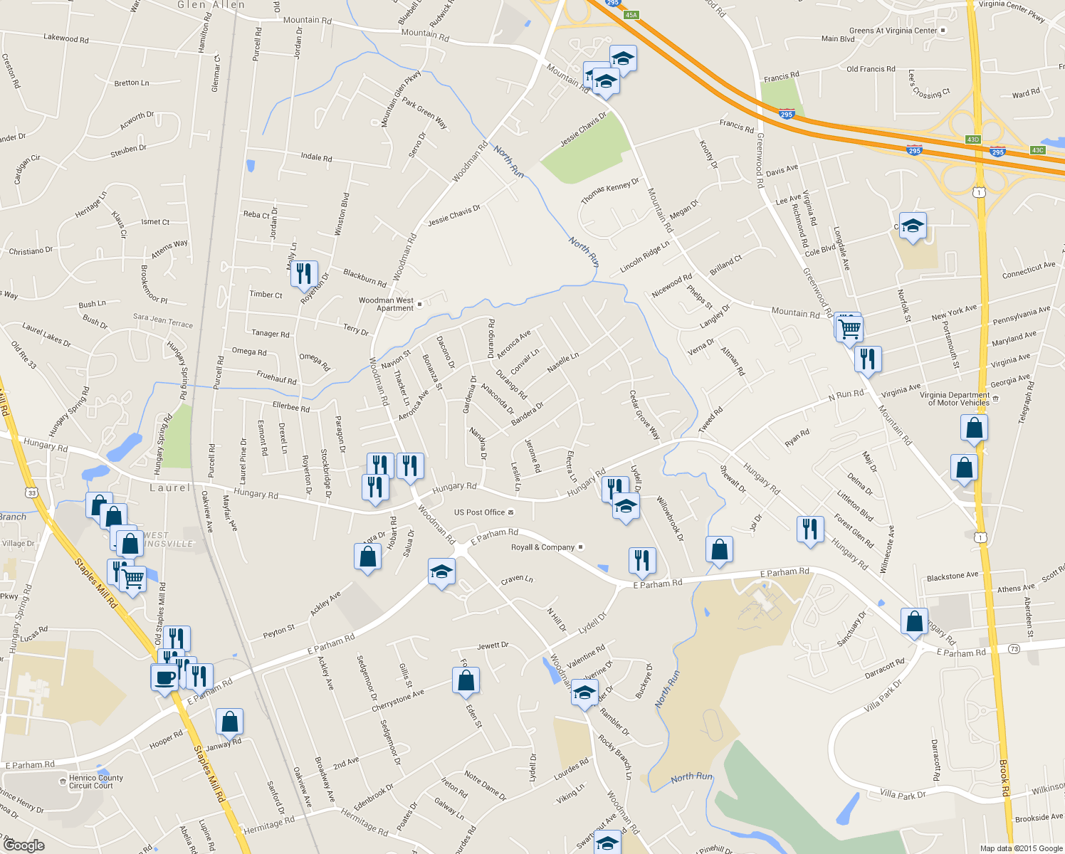 map of restaurants, bars, coffee shops, grocery stores, and more near 1822 Leslie Lane in Richmond
