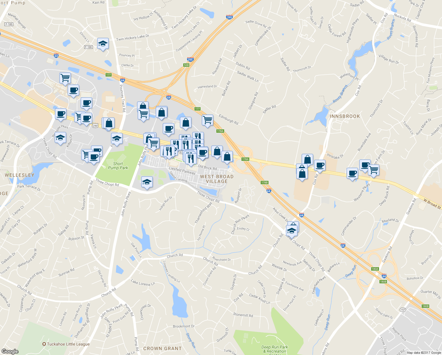 map of restaurants, bars, coffee shops, grocery stores, and more near 1808 Liesfeld Parkway in Glen Allen
