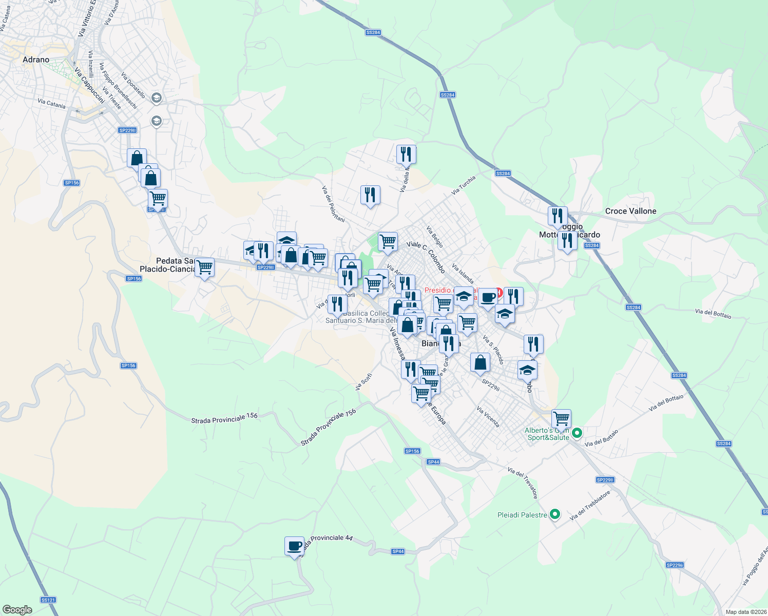 map of restaurants, bars, coffee shops, grocery stores, and more near 11 Via Platania in Biancavilla