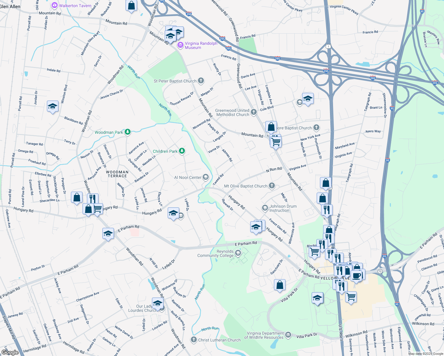 map of restaurants, bars, coffee shops, grocery stores, and more near 9009 Tweed Road in Henrico