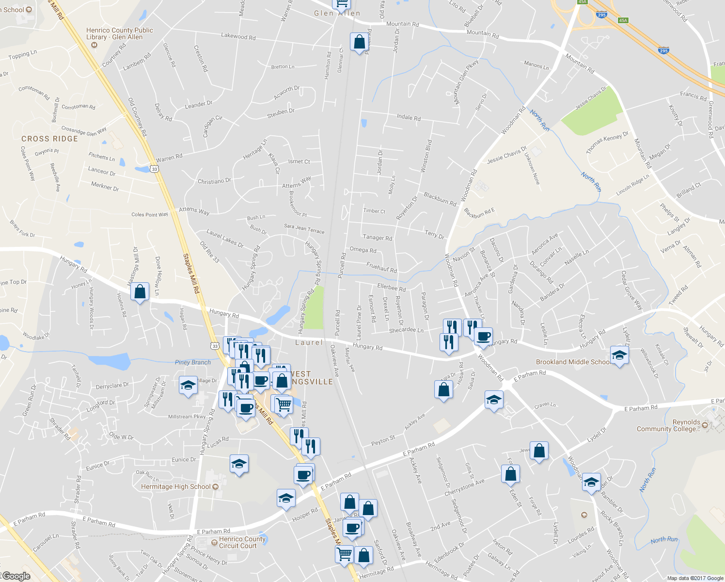 map of restaurants, bars, coffee shops, grocery stores, and more near 9735 Laurel Pine Drive in Richmond