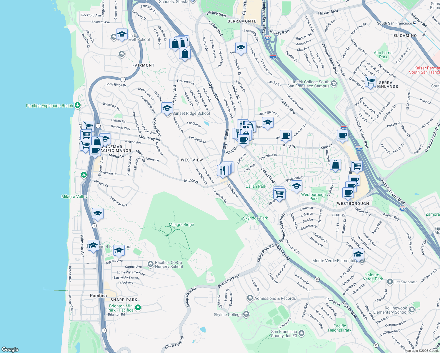 map of restaurants, bars, coffee shops, grocery stores, and more near 391 Sycamore Street in Pacifica