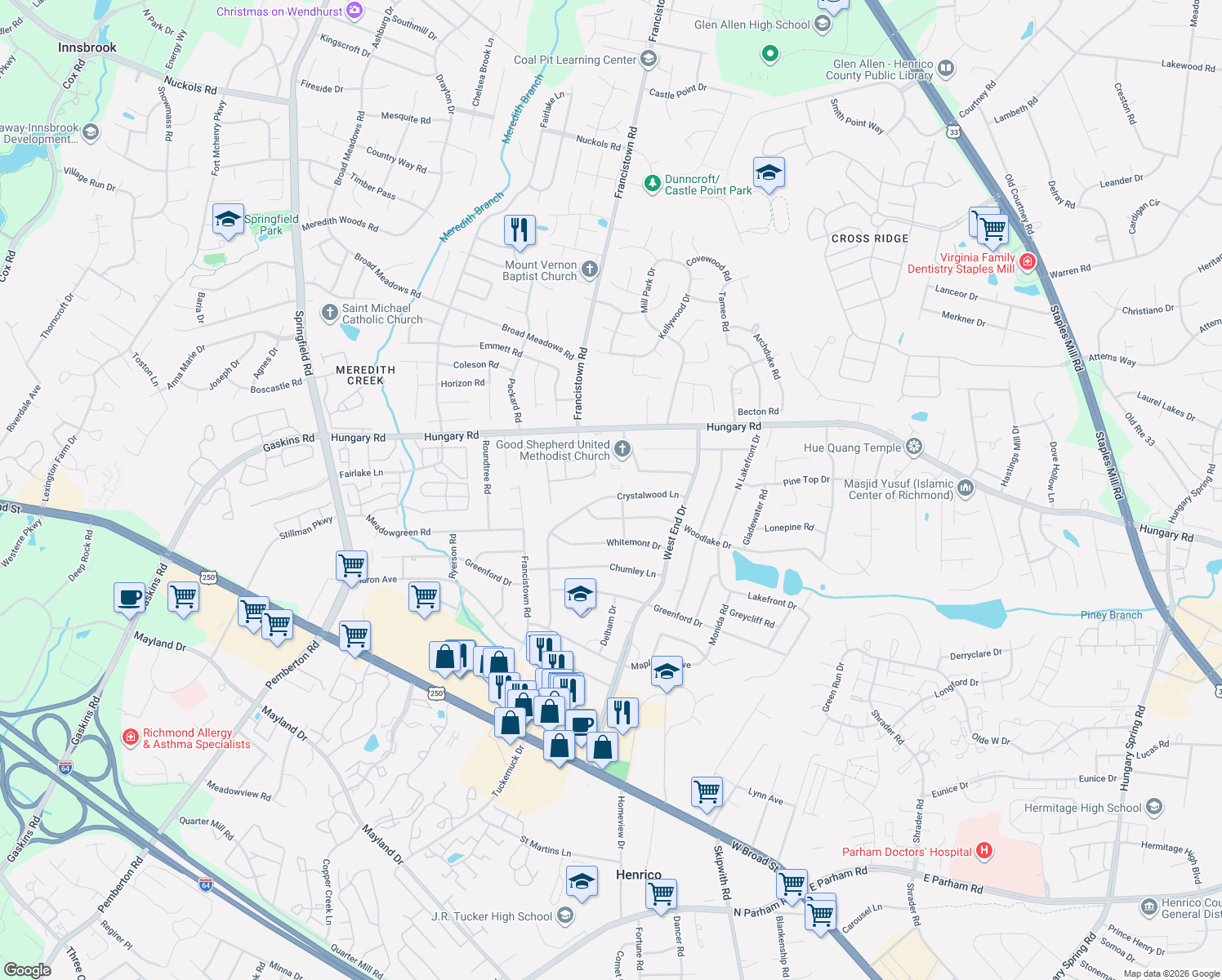 map of restaurants, bars, coffee shops, grocery stores, and more near 9202 Crystalwood Ln in Richmond