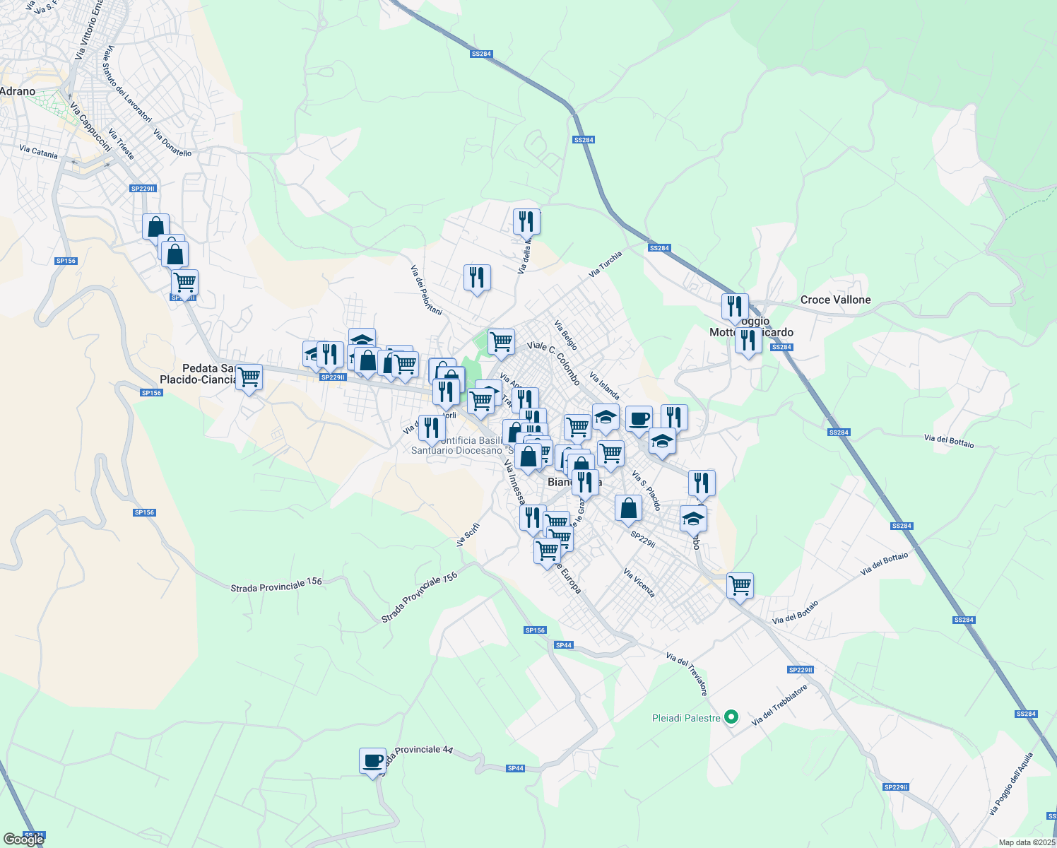 map of restaurants, bars, coffee shops, grocery stores, and more near 47 Via Trapani in Biancavilla