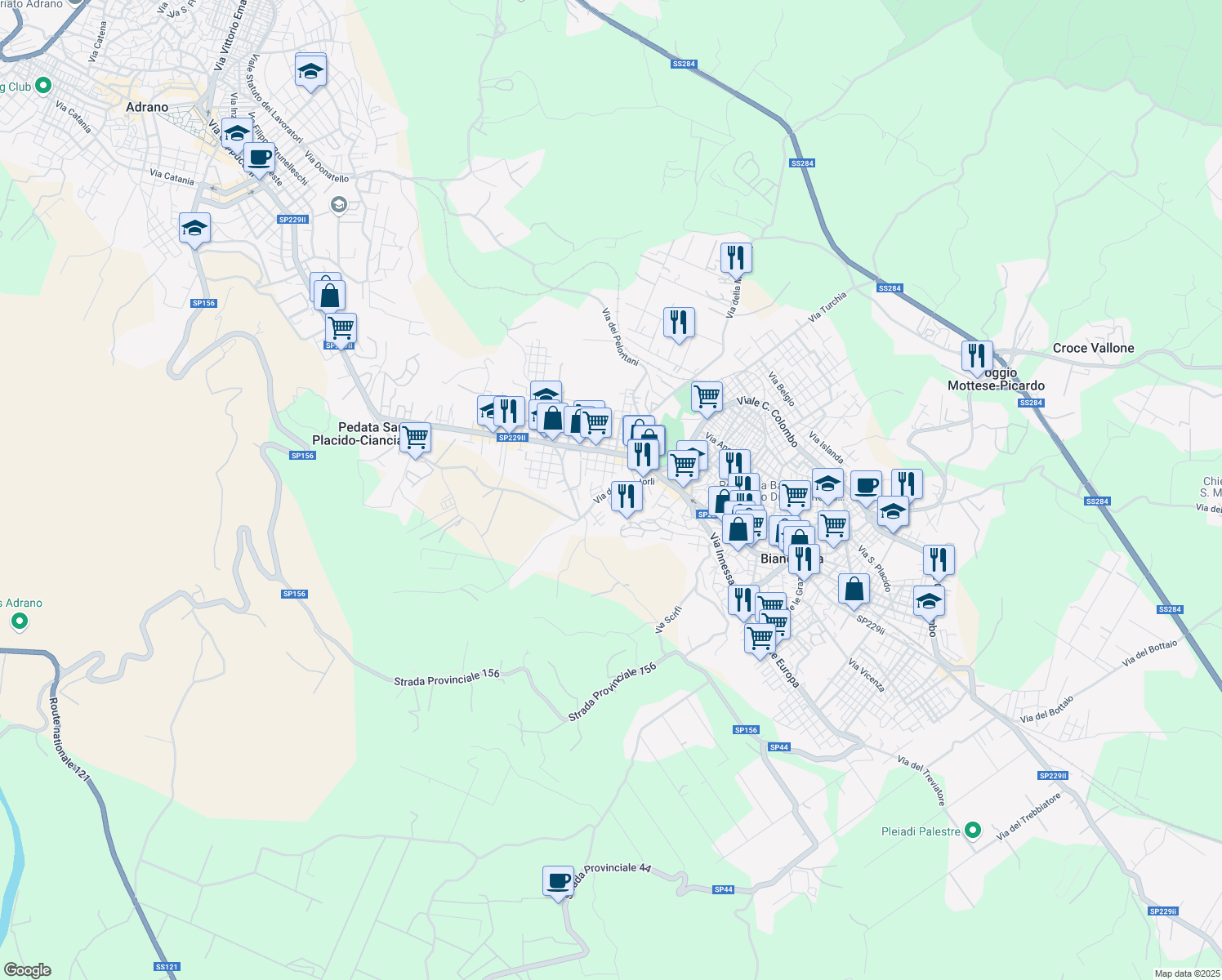 map of restaurants, bars, coffee shops, grocery stores, and more near Via dei Mandorli in Biancavilla