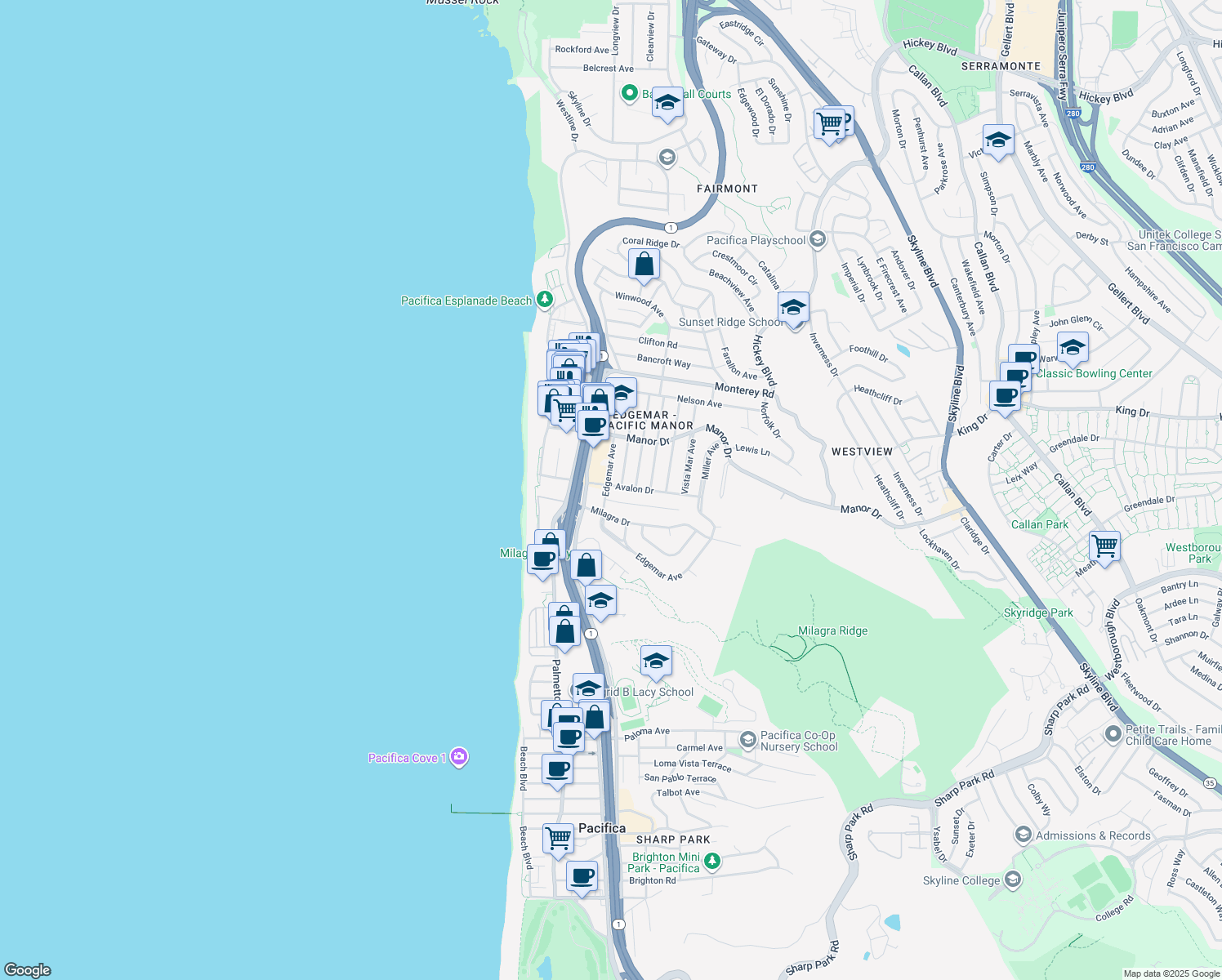 map of restaurants, bars, coffee shops, grocery stores, and more near 603 Edgemar Avenue in Pacifica