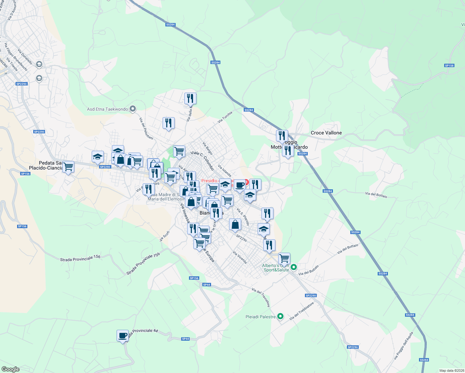 map of restaurants, bars, coffee shops, grocery stores, and more near 273 Viale C. Colombo in Biancavilla
