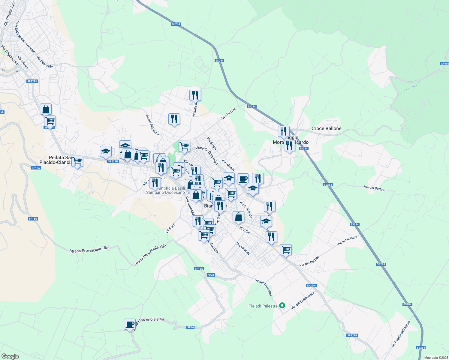 map of restaurants, bars, coffee shops, grocery stores, and more near 46 Via Toscana in Biancavilla