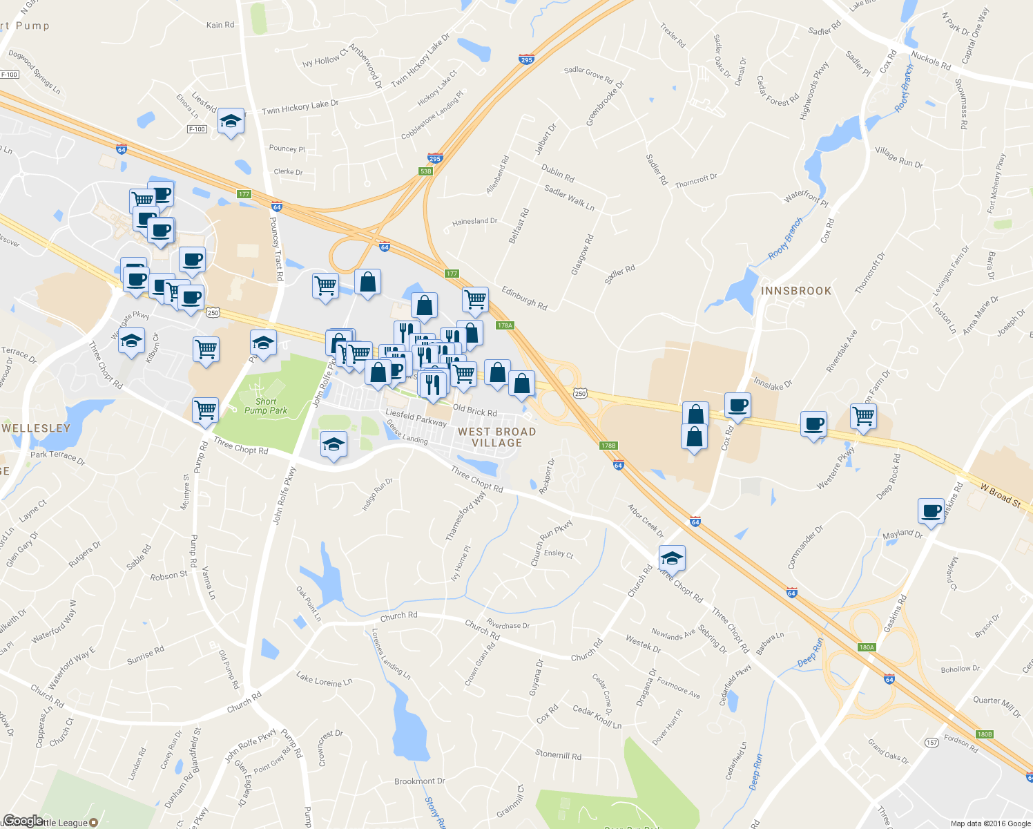 map of restaurants, bars, coffee shops, grocery stores, and more near 1903 Old Brick Road in Glen Allen