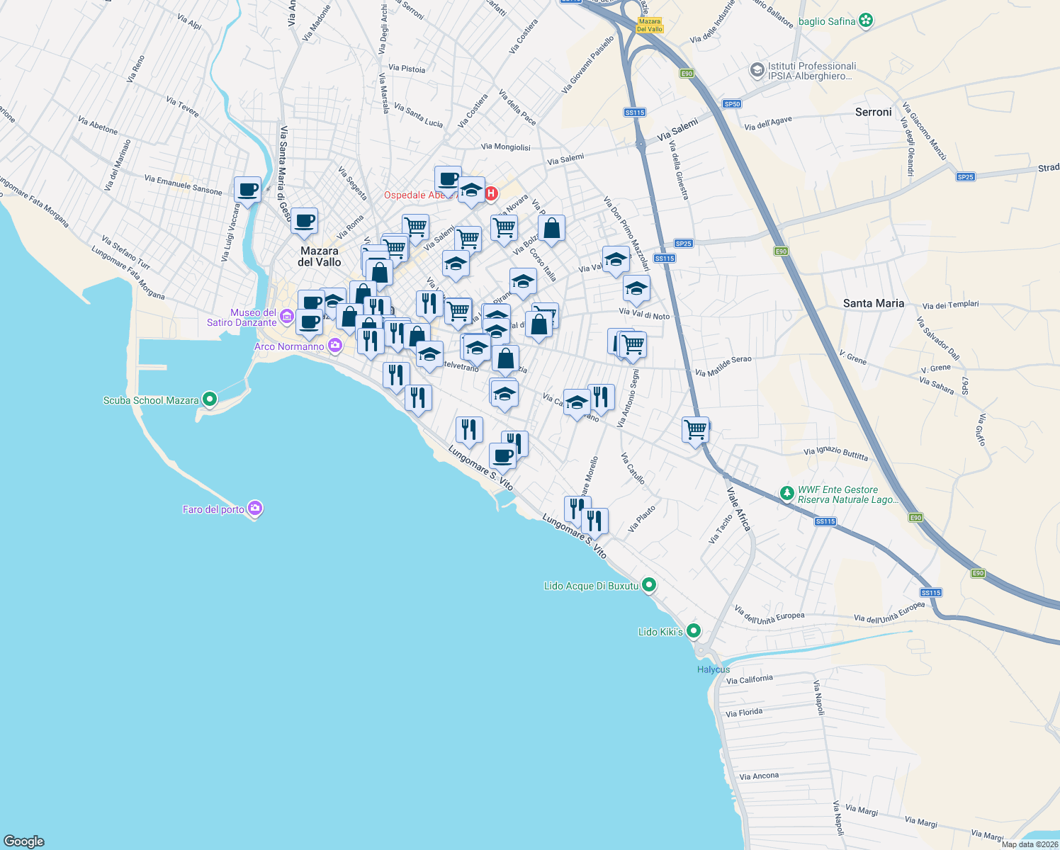 map of restaurants, bars, coffee shops, grocery stores, and more near 12 Piazzale Europa in Mazara del Vallo