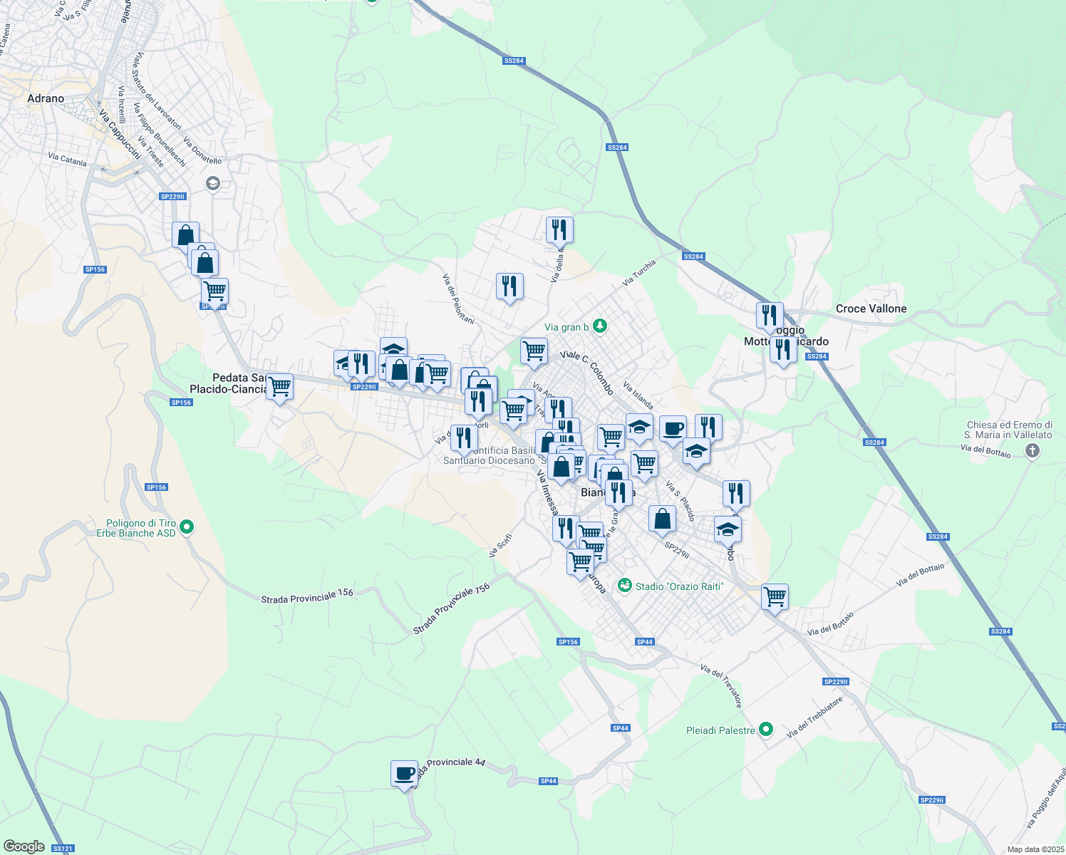 map of restaurants, bars, coffee shops, grocery stores, and more near 1 Via Stissi in Biancavilla