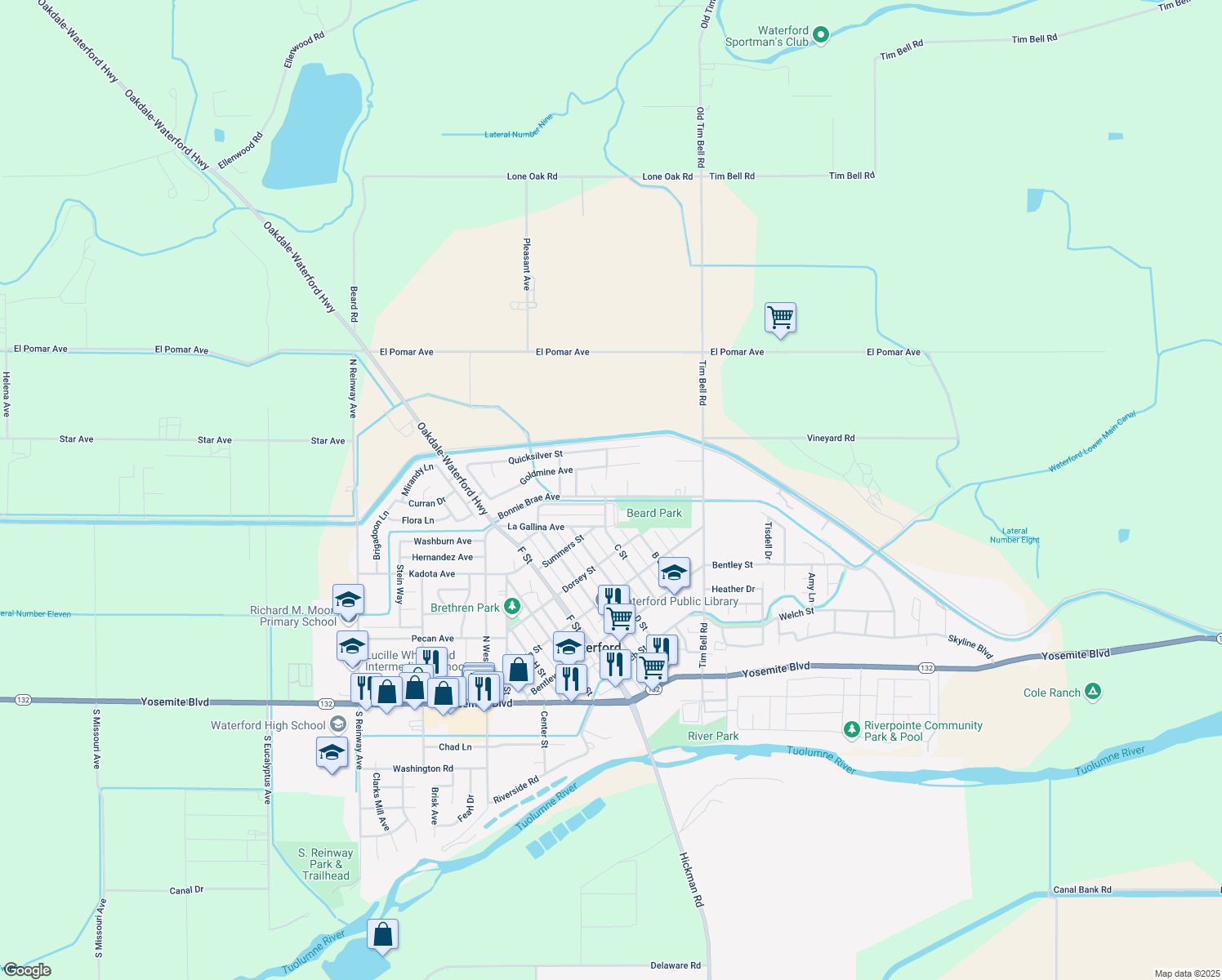 map of restaurants, bars, coffee shops, grocery stores, and more near 12707 Bonnie Brae Avenue in Waterford