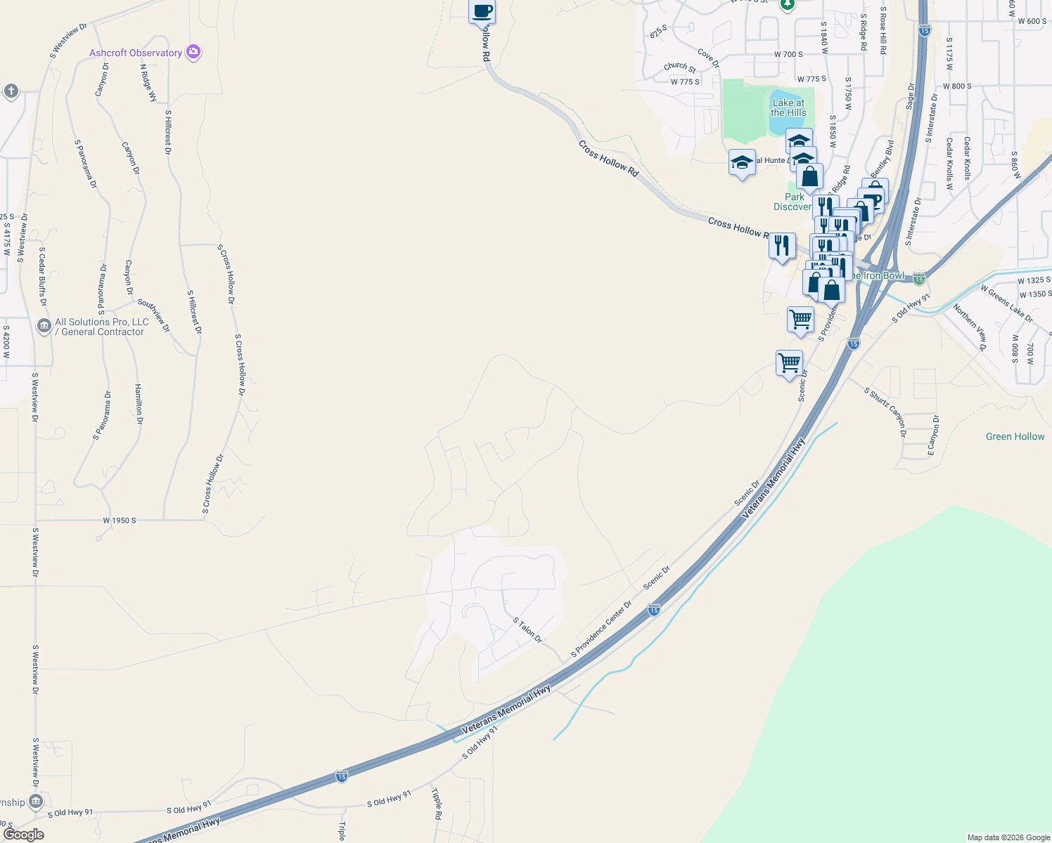 map of restaurants, bars, coffee shops, grocery stores, and more near 2812 West Eagle Ridge Loop in Cedar City