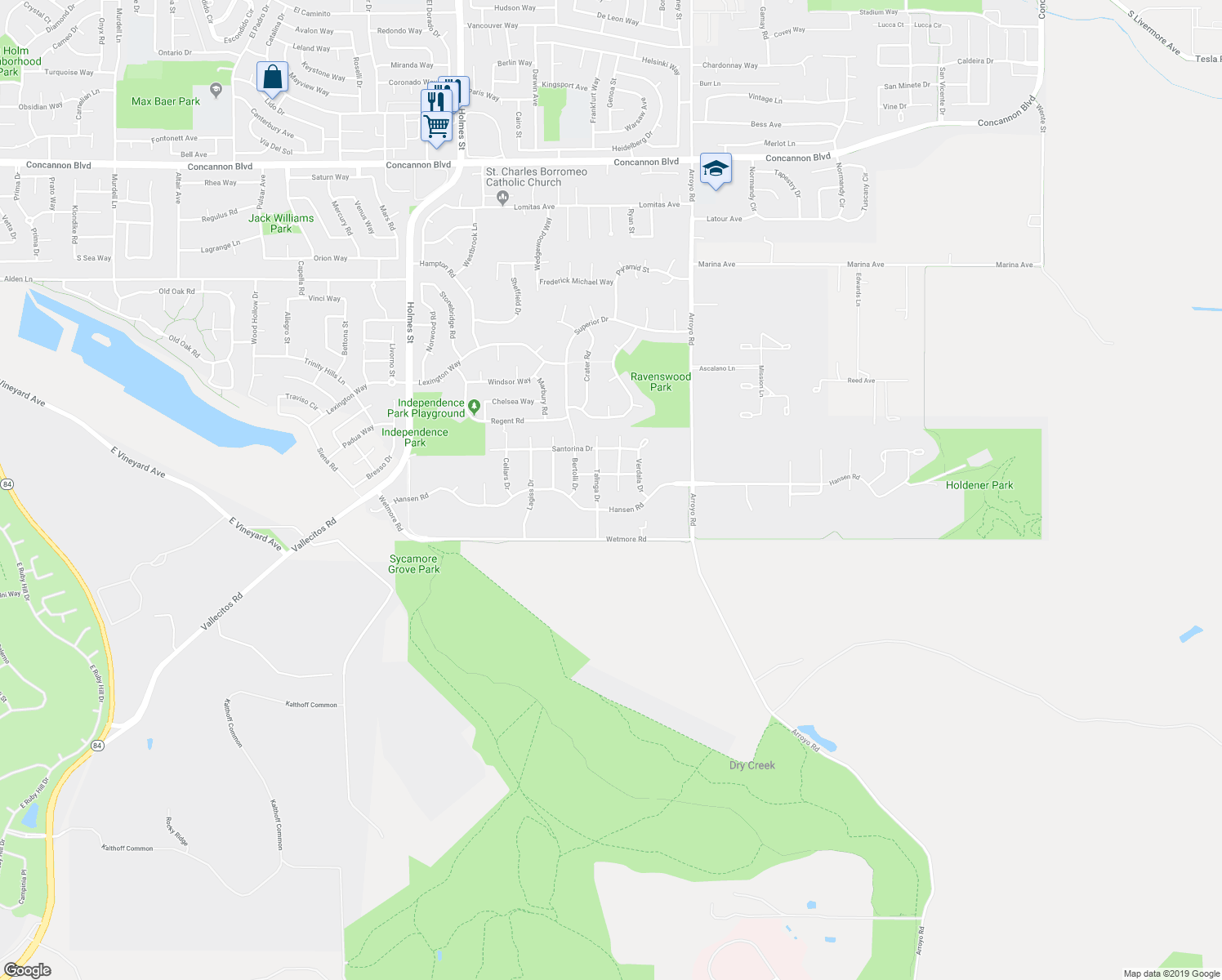 map of restaurants, bars, coffee shops, grocery stores, and more near 3075 Olivoro Court in Livermore