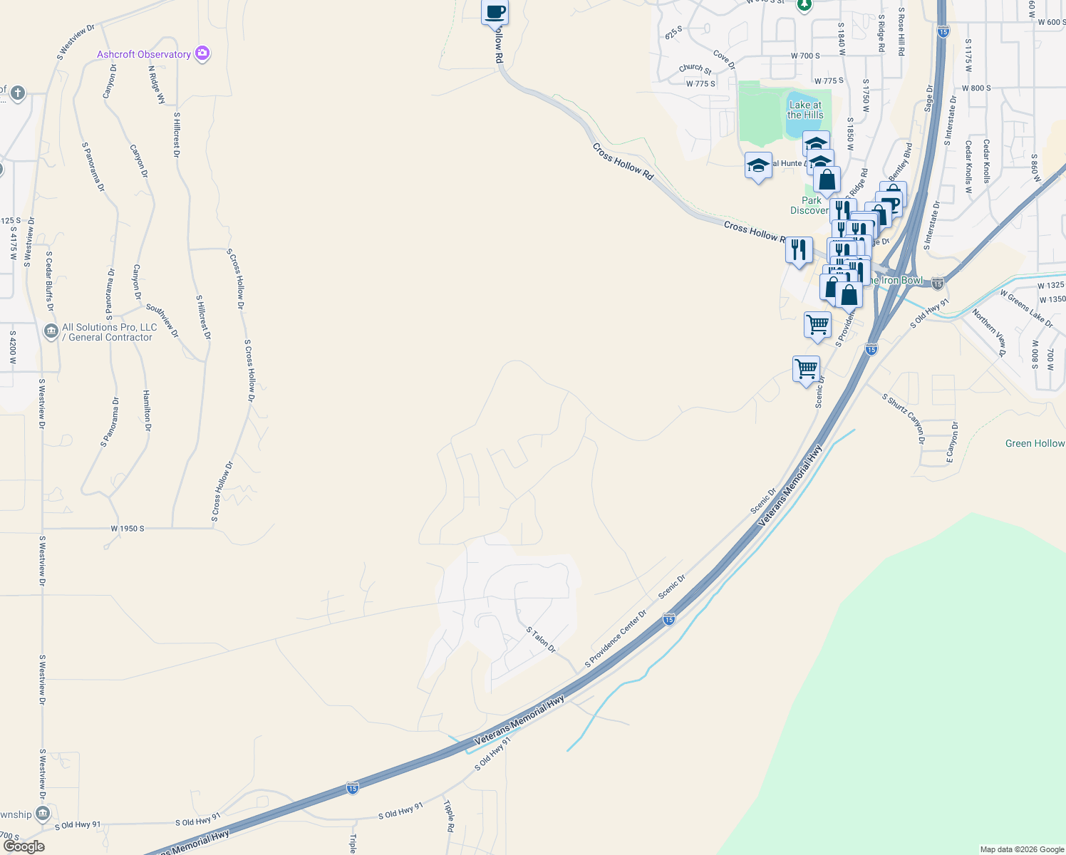 map of restaurants, bars, coffee shops, grocery stores, and more near 2812 West Eagle Ridge Loop in Cedar City