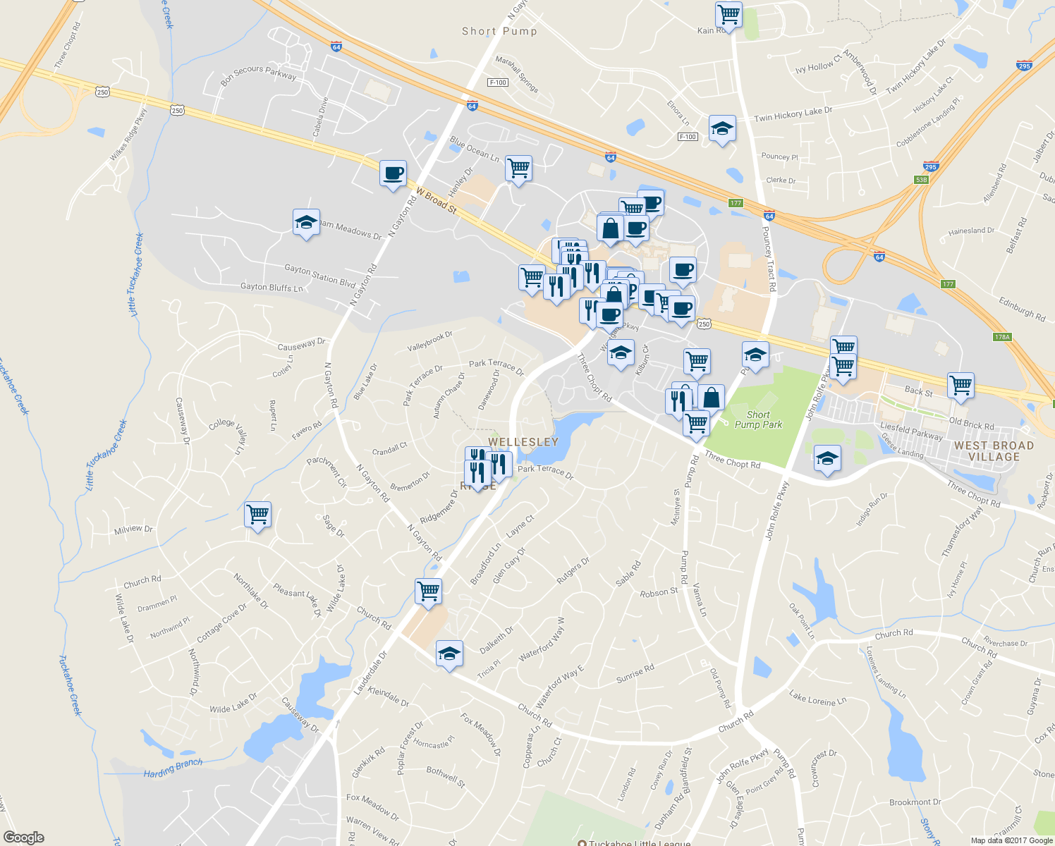 map of restaurants, bars, coffee shops, grocery stores, and more near 3800 Wellesley Terrace Circle in Henrico