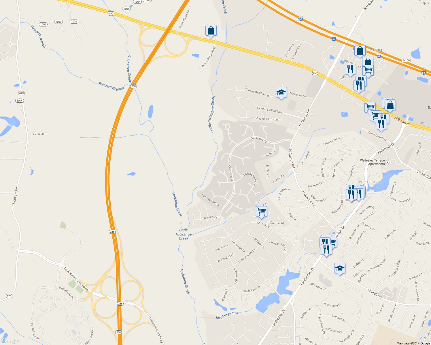 map of restaurants, bars, coffee shops, grocery stores, and more near 4024 Huntsteed Way in Henrico
