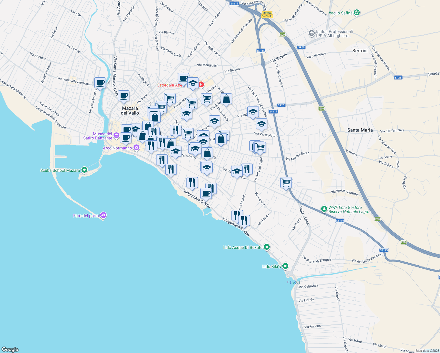 map of restaurants, bars, coffee shops, grocery stores, and more near 12 Piazzale Europa in Mazara del Vallo