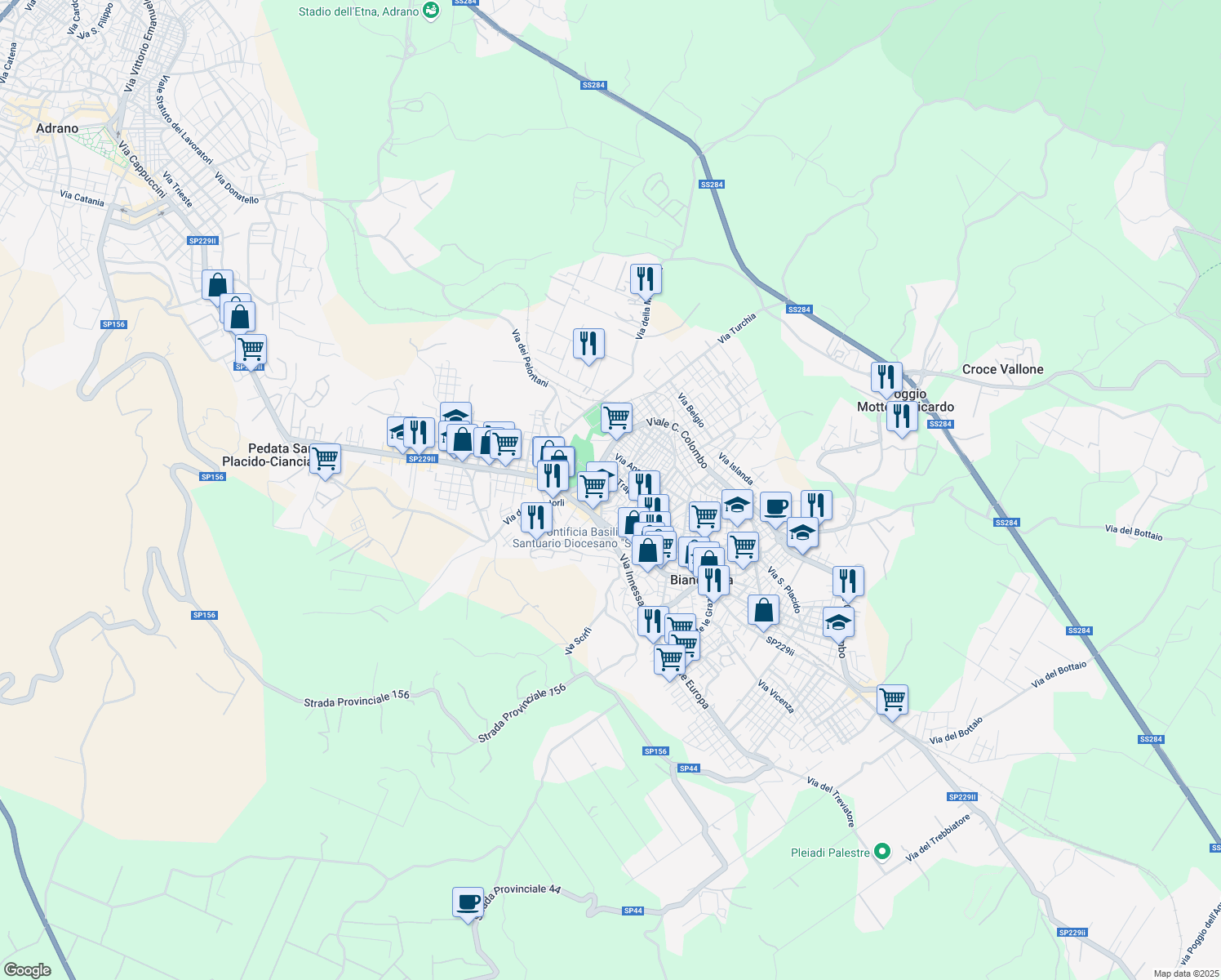 map of restaurants, bars, coffee shops, grocery stores, and more near 1 Via Stissi in Biancavilla