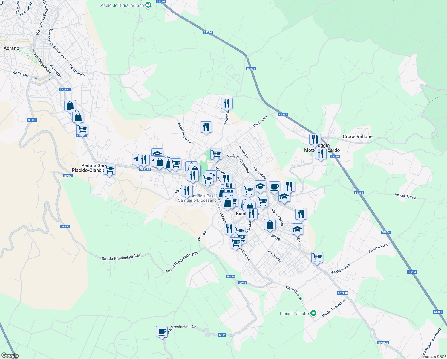 map of restaurants, bars, coffee shops, grocery stores, and more near 56 Via Laudani in Biancavilla