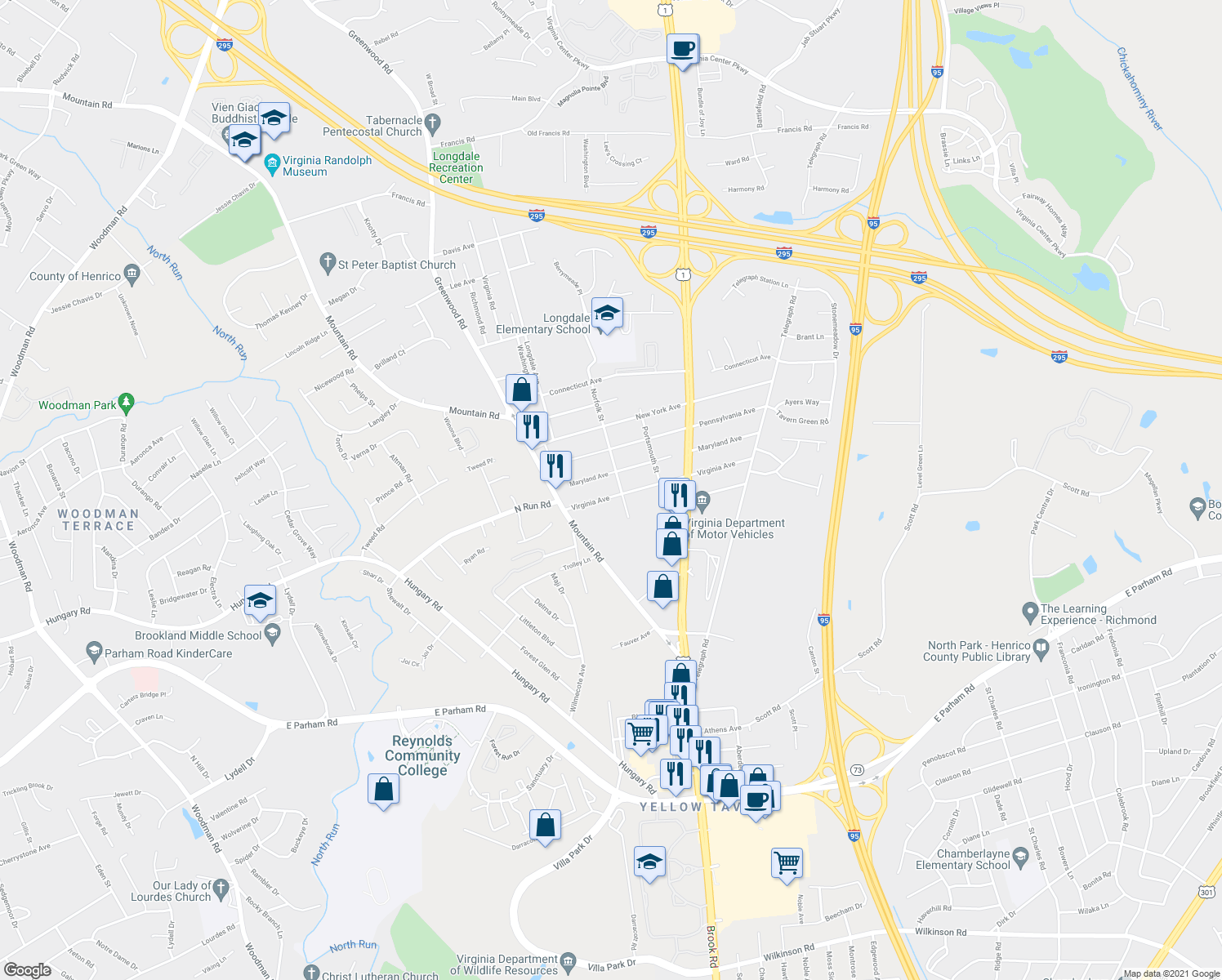 map of restaurants, bars, coffee shops, grocery stores, and more near 1404 Virginia Ave in Glen Allen
