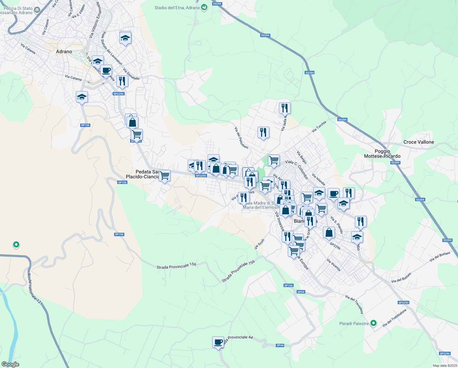 map of restaurants, bars, coffee shops, grocery stores, and more near 61 Via dei Fiori in Biancavilla