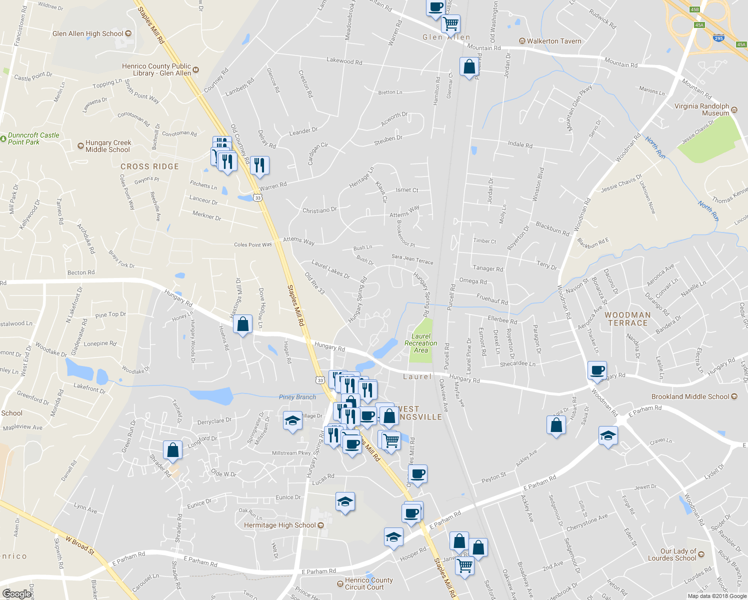 map of restaurants, bars, coffee shops, grocery stores, and more near 9422 Tracey Lynne Circle in Glen Allen