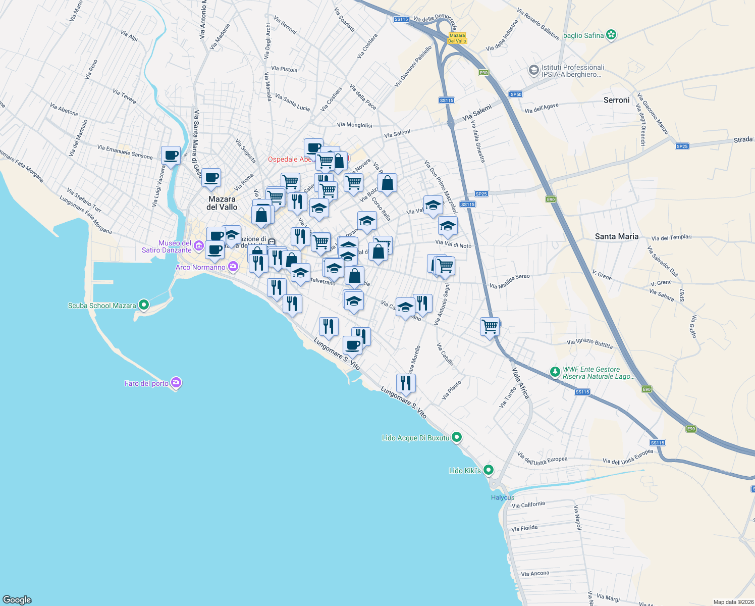 map of restaurants, bars, coffee shops, grocery stores, and more near 56C Via Castelvetrano in Mazara del Vallo