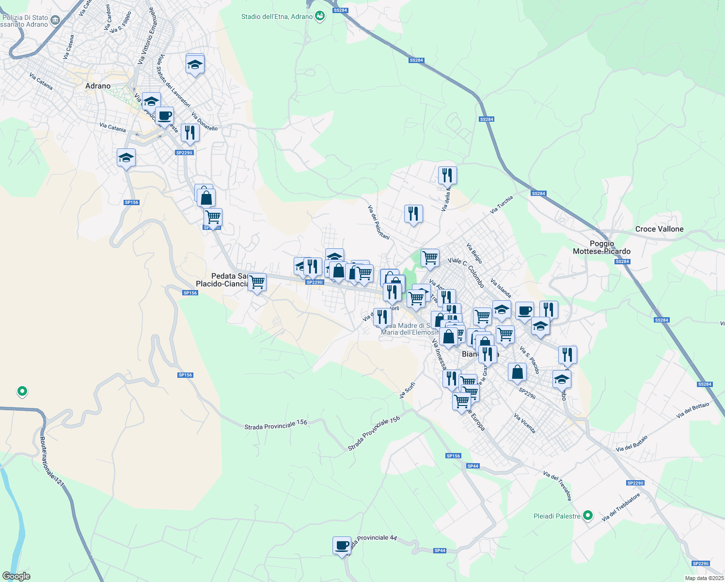 map of restaurants, bars, coffee shops, grocery stores, and more near 61 Via dei Fiori in Biancavilla