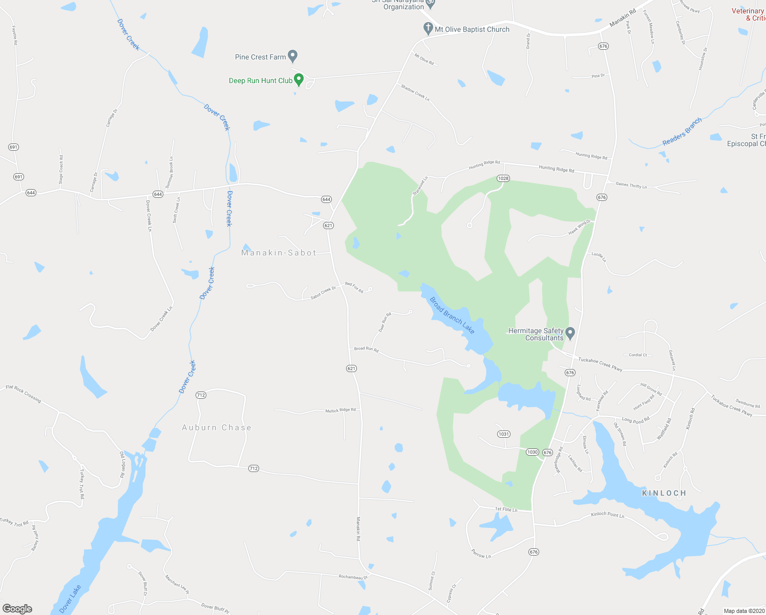 map of restaurants, bars, coffee shops, grocery stores, and more near 6 Deer Run Road in Manakin-Sabot