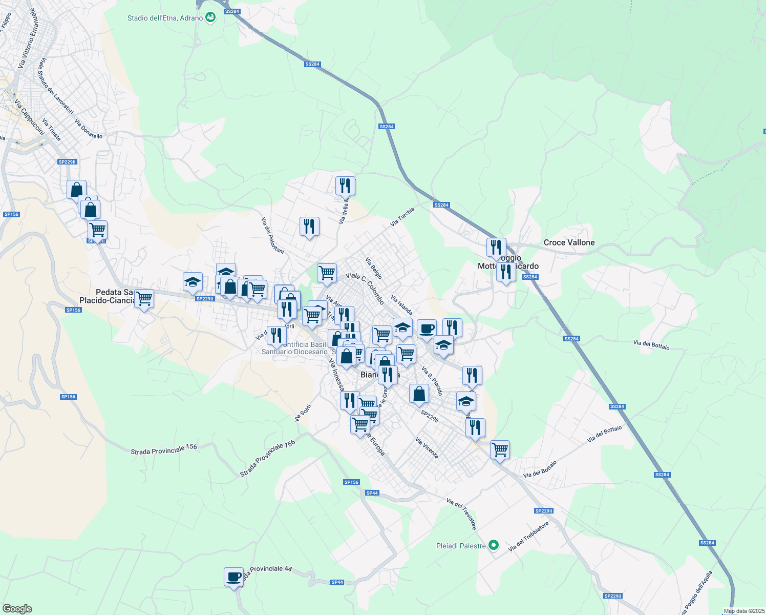map of restaurants, bars, coffee shops, grocery stores, and more near 11 Via Sacro Cuore in Biancavilla