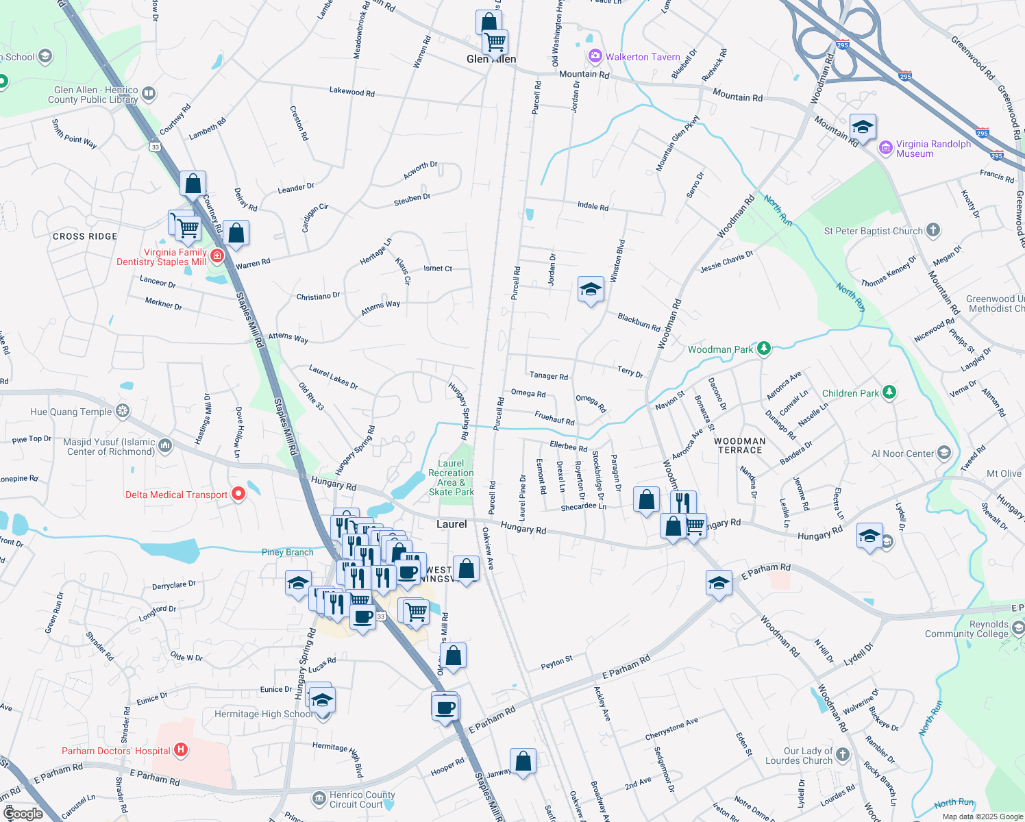 map of restaurants, bars, coffee shops, grocery stores, and more near 2718 Fruehauf Road in Henrico