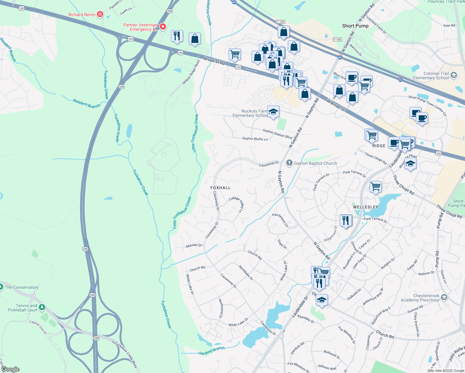 map of restaurants, bars, coffee shops, grocery stores, and more near 13509 Reynard Ln in Richmond