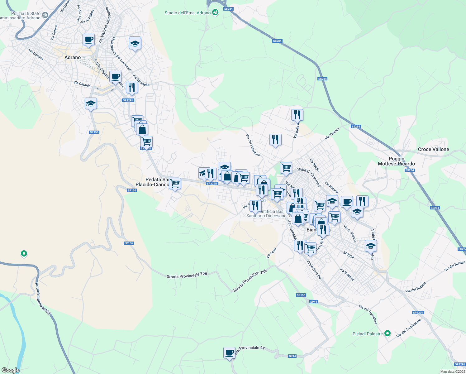 map of restaurants, bars, coffee shops, grocery stores, and more near Via dei Mandorli in Biancavilla