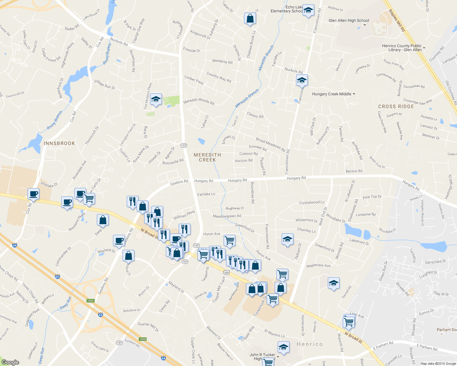 map of restaurants, bars, coffee shops, grocery stores, and more near 9435 Greenhill Court in Henrico
