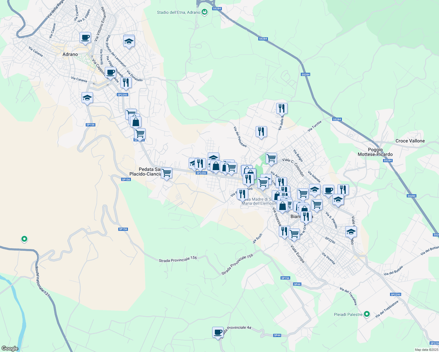 map of restaurants, bars, coffee shops, grocery stores, and more near Via dei Mandorli in Biancavilla