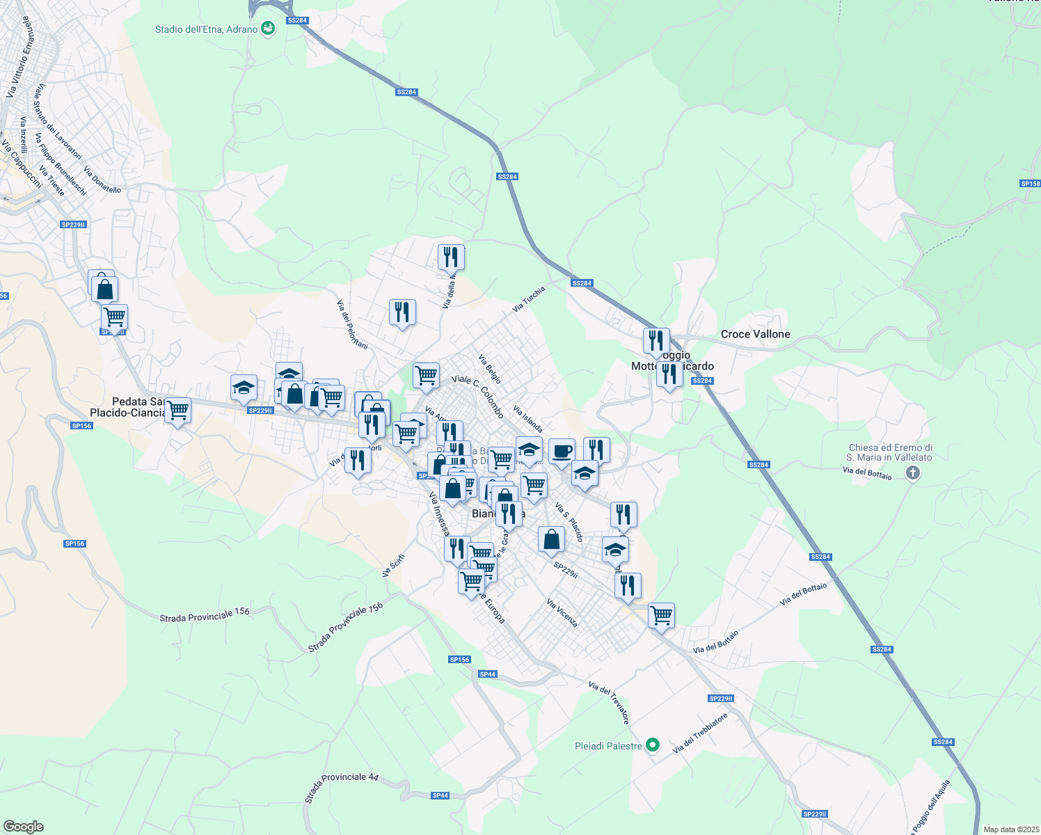 map of restaurants, bars, coffee shops, grocery stores, and more near 9 Via Messico in Biancavilla