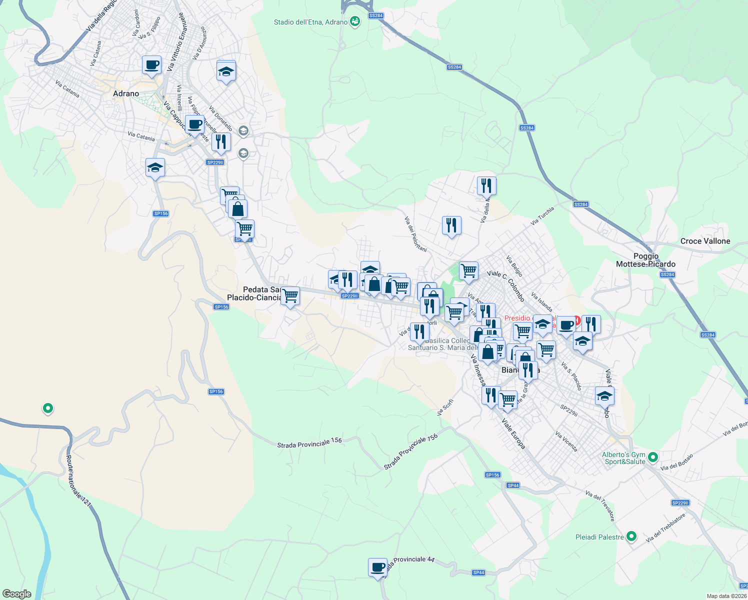 map of restaurants, bars, coffee shops, grocery stores, and more near Via dei Mandorli in Biancavilla