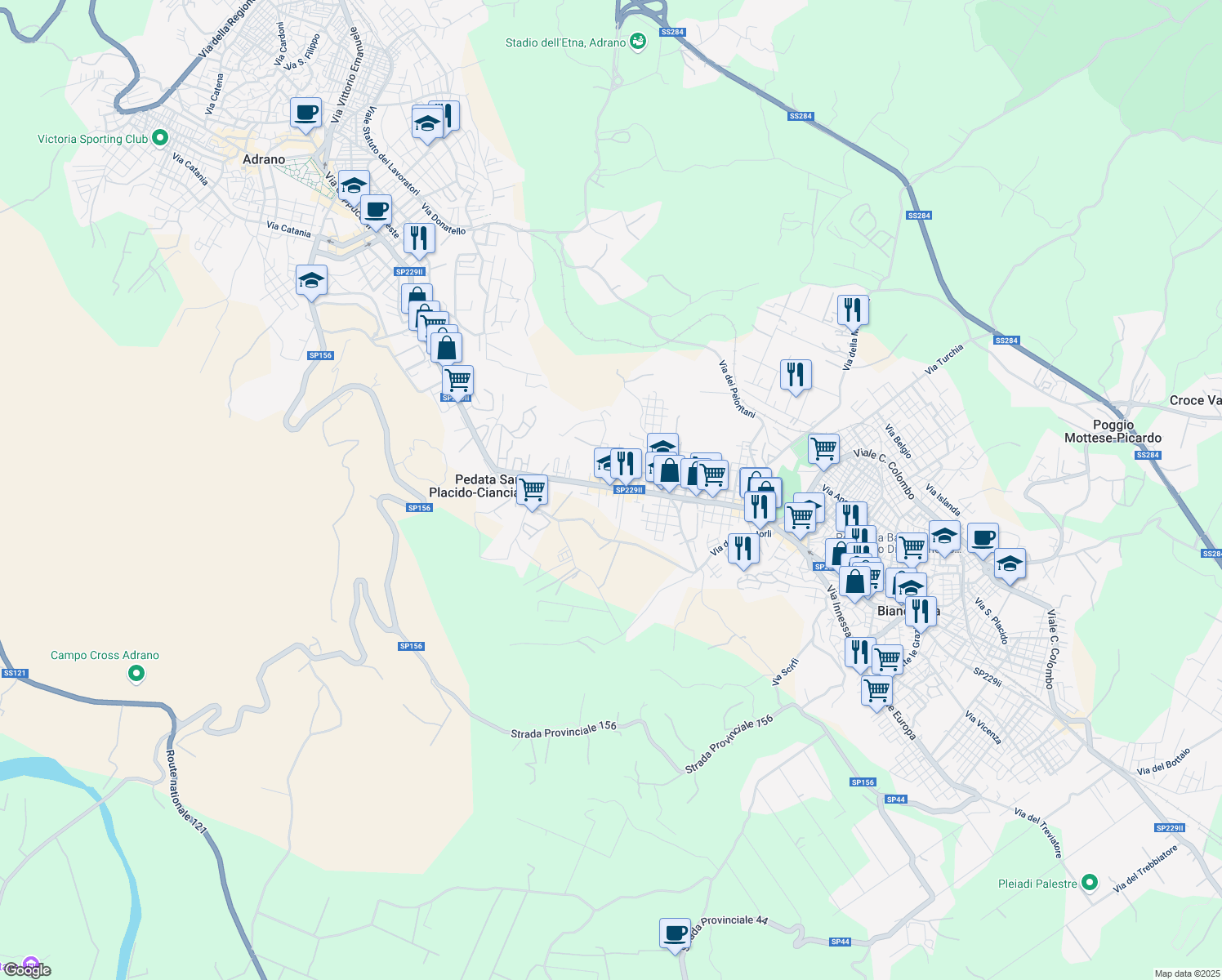 map of restaurants, bars, coffee shops, grocery stores, and more near 147 Via dei Fiori in Biancavilla