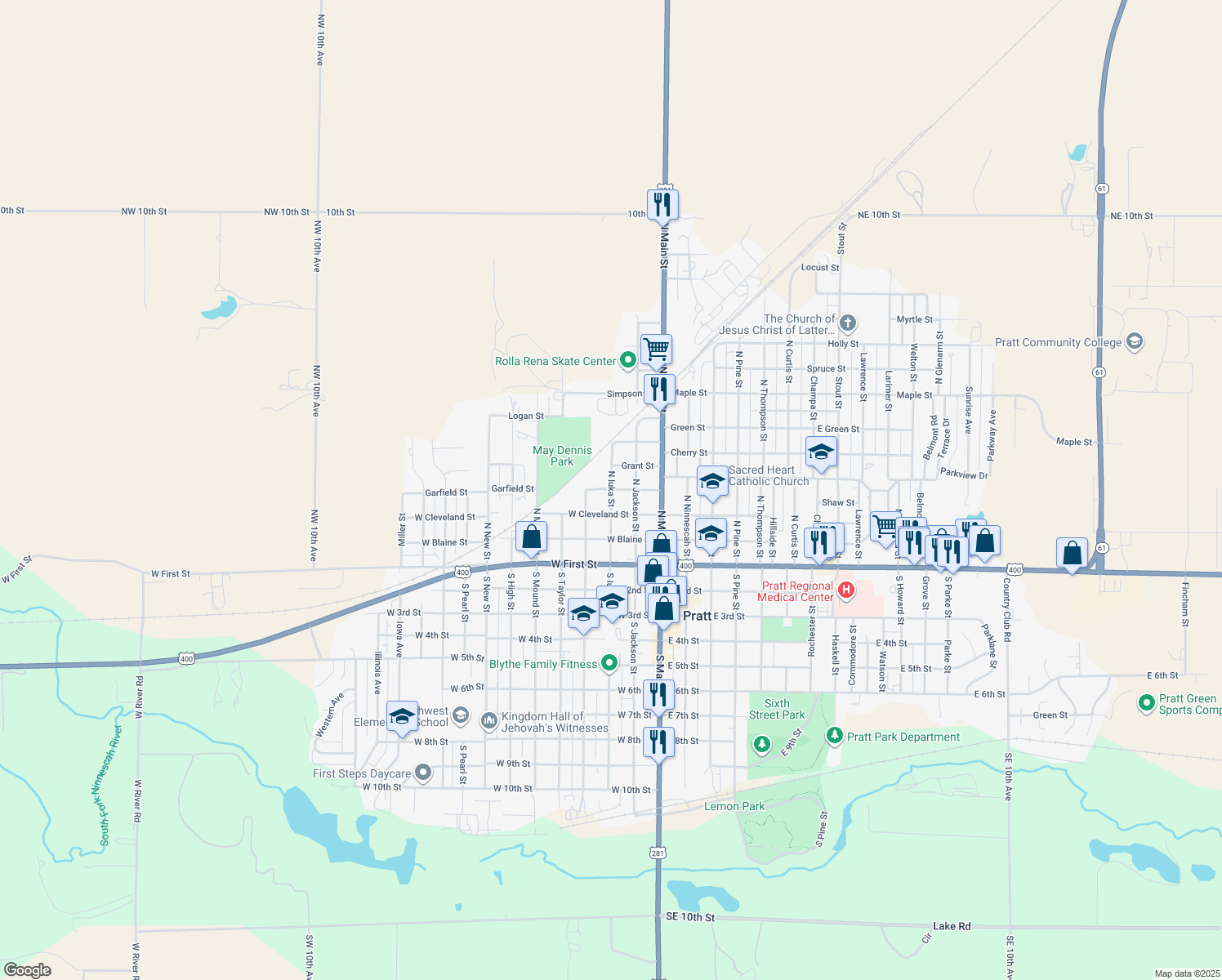 map of restaurants, bars, coffee shops, grocery stores, and more near 398 N Iuka St in Pratt