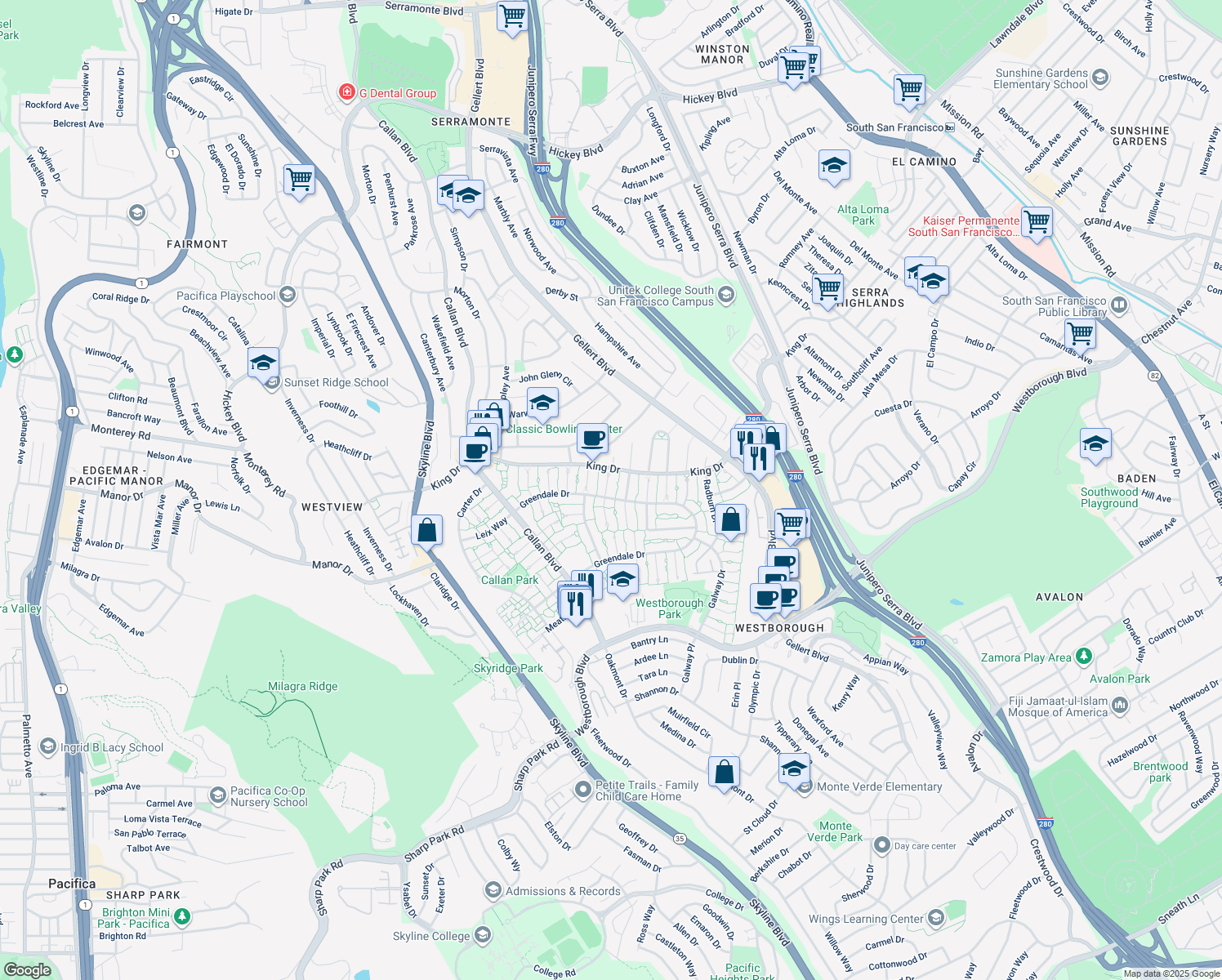 map of restaurants, bars, coffee shops, grocery stores, and more near 3918 Crofton Way in South San Francisco