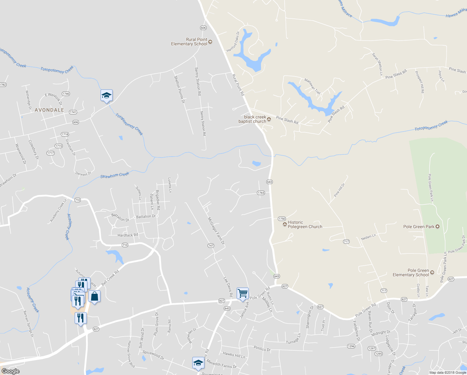 map of restaurants, bars, coffee shops, grocery stores, and more near 7016 Birchbark Lane in Mechanicsville