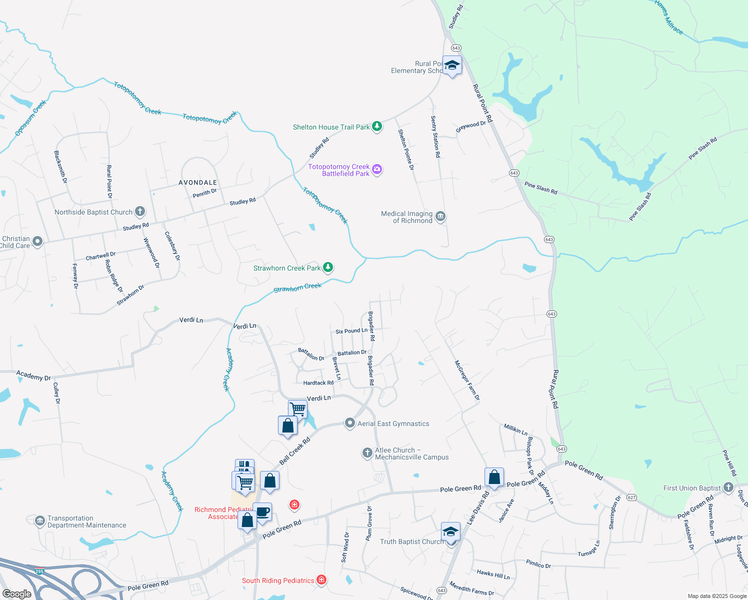 map of restaurants, bars, coffee shops, grocery stores, and more near 9103 Brigadier Rd in Mechanicsville