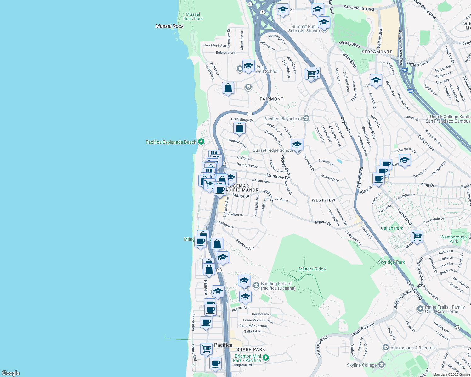 map of restaurants, bars, coffee shops, grocery stores, and more near 427 Johnson Ave in Pacifica